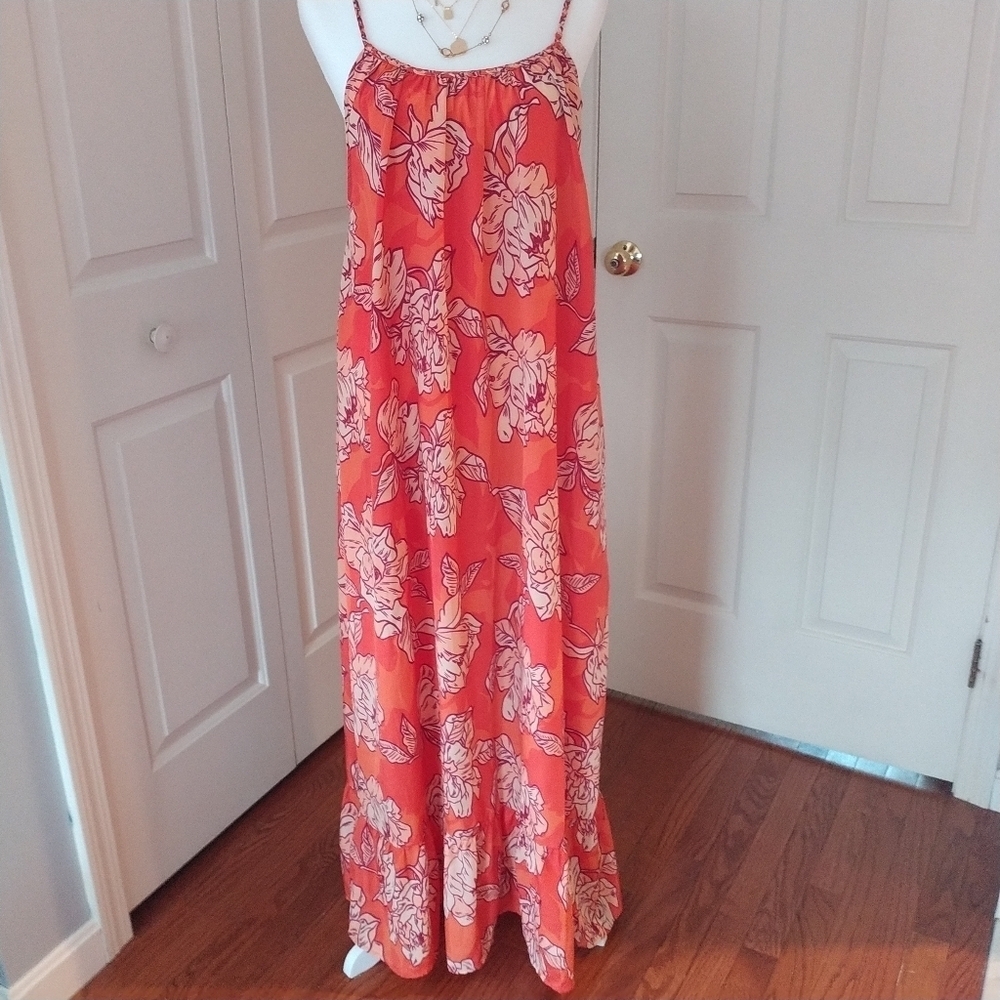 True Destinations Orange Floral Maxi Dress Coverup XS